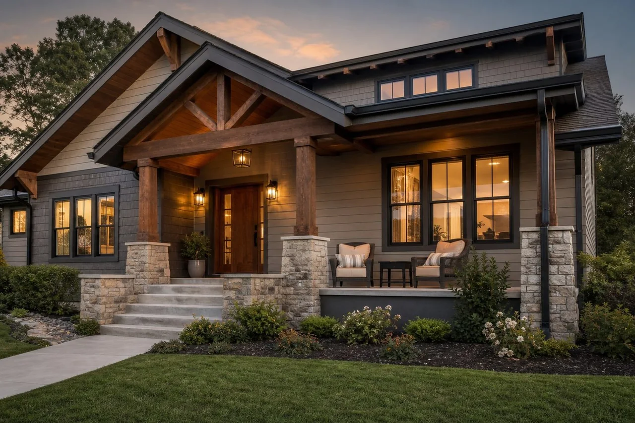 Representative Southeast Kansas residential remodel exterior with warm porch lighting